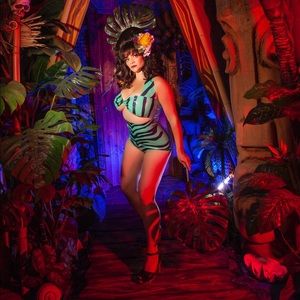 Kaoris Zebra print Latex pinup swim suit.